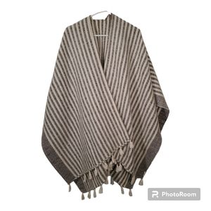Soft knit poncho shawl 45 x 63 inches, striped, with fringe, ecru, brown, grey
